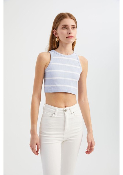 Kadın Çizgili Bisiklet Yaka Crop Top Purple