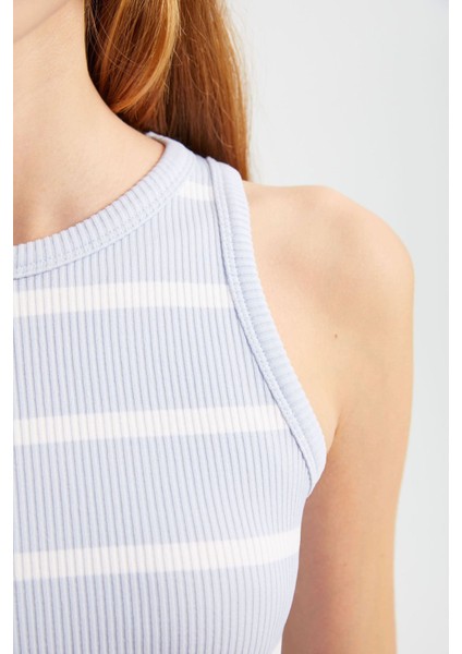 Kadın Çizgili Bisiklet Yaka Crop Top Purple