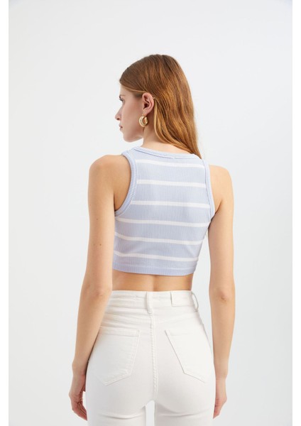 Kadın Çizgili Bisiklet Yaka Crop Top Purple