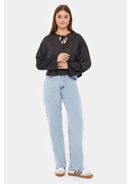 Kadın Kravat Detaylı Örme Bol Kesim Yuvarlak Yaka Bluz Grey