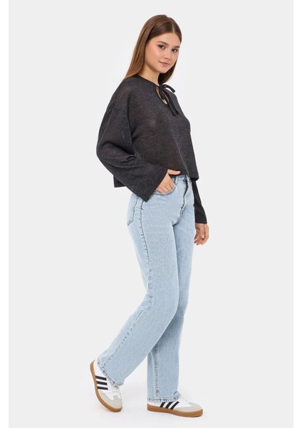 Kadın Kravat Detaylı Örme Bol Kesim Yuvarlak Yaka Bluz Grey