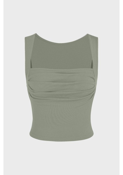 Kadın Drape Kare Yaka Bluz Green