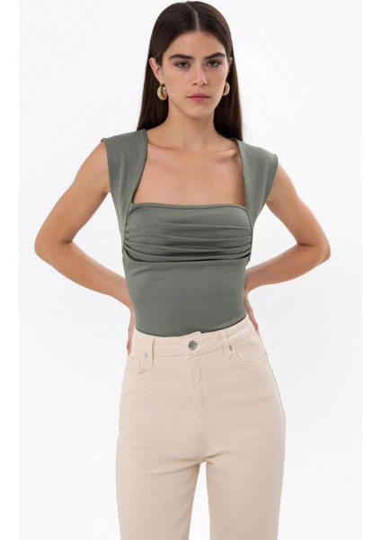 Kadın Drape Kare Yaka Bluz Green