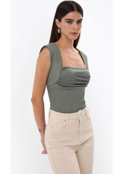 Kadın Drape Kare Yaka Bluz Green