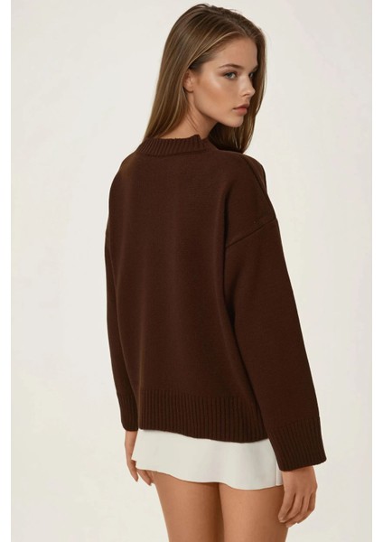 Kadın Bisiklet Yaka Relax Fit Yumuşak Triko Kazak Kestane Kahvesi modelleri