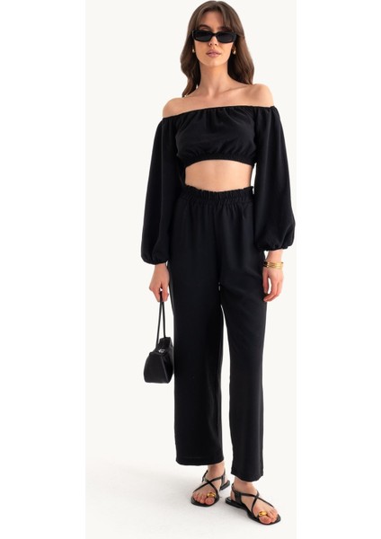Kadın 2 Parça: Off Shoulder Balon Kollu Crop Top & Orta Yüksek Bel Düz Bacak Pantolon Black