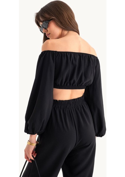Kadın 2 Parça: Off Shoulder Balon Kollu Crop Top & Orta Yüksek Bel Düz Bacak Pantolon Black