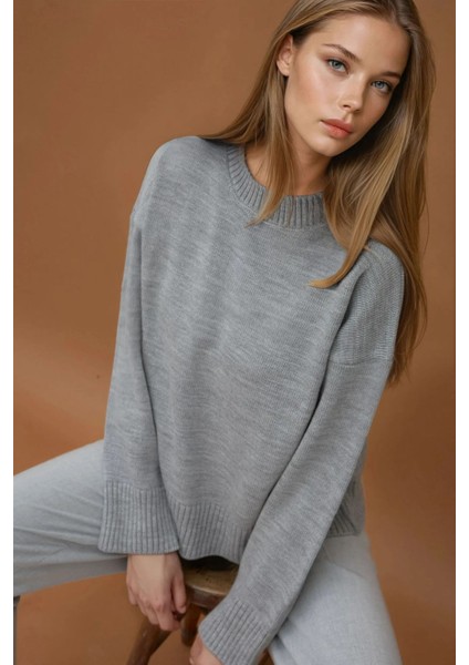Kadın Bisiklet Yaka Relax Fit Yumuşak Triko Kazak Grey