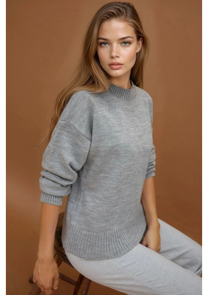 Kadın Bisiklet Yaka Relax Fit Yumuşak Triko Kazak Grey