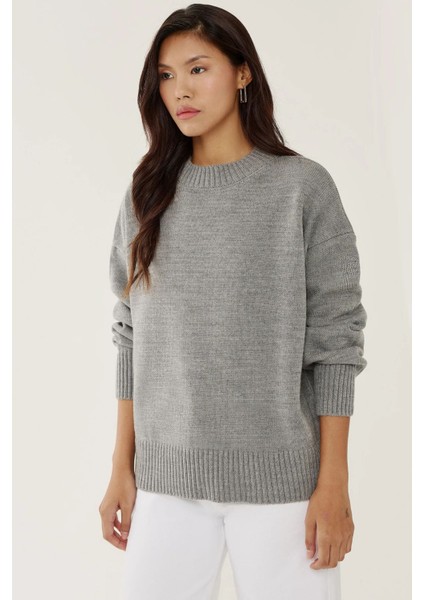 Kadın Bisiklet Yaka Relax Fit Yumuşak Triko Kazak Grey