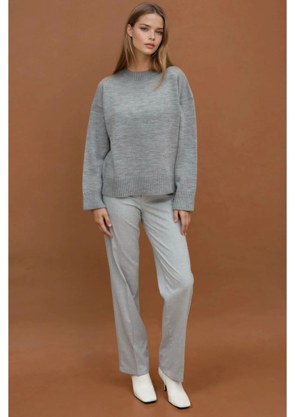 Kadın Bisiklet Yaka Relax Fit Yumuşak Triko Kazak Grey