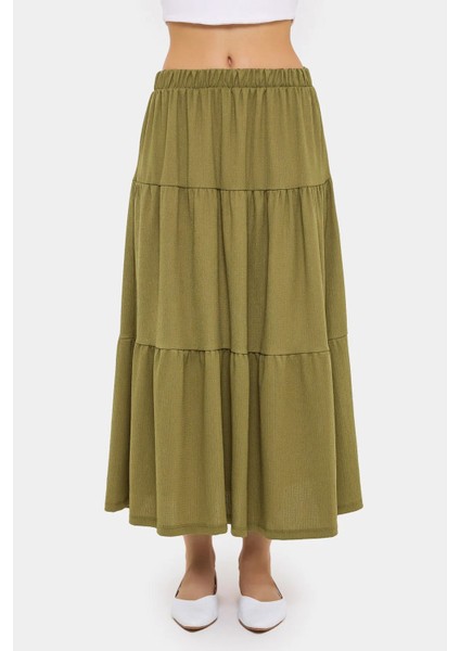 Kadın Elastik Bel Detaylı Katmanlı Maxi Etek Yeşil