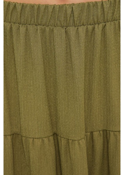 Kadın Elastik Bel Detaylı Katmanlı Maxi Etek Yeşil