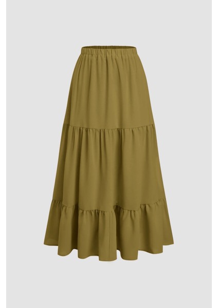 Kadın Elastik Bel Detaylı Katmanlı Maxi Etek Yeşil