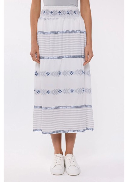 Kadın Elastik Bel Detaylı Yüksek Bel Çizgili Maxi Etek Grey