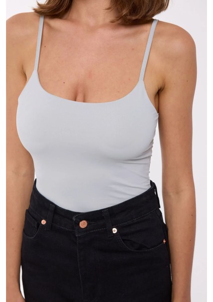 Kadın Temel Dokuma İnce Askılı Body Grey
