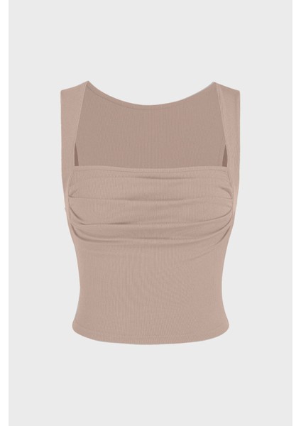 Kadın Drape Kare Yaka Bluz Brown