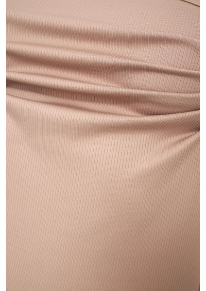 Kadın Drape Kare Yaka Bluz Brown