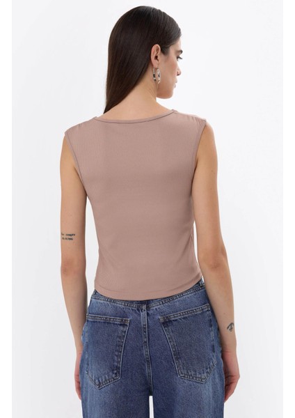 Kadın Drape Kare Yaka Bluz Brown