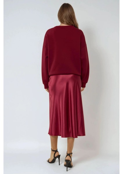 Kadın Yüksek Bel Saten Midi Etek Red