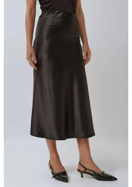 Kadın Yüksek Bel Saten Midi Etek Black