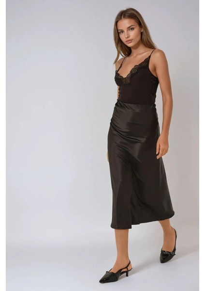Kadın Yüksek Bel Saten Midi Etek Black