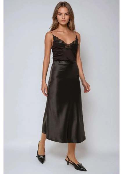 Kadın Yüksek Bel Saten Midi Etek Black