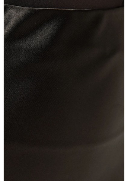 Kadın Yüksek Bel Saten Midi Etek Black