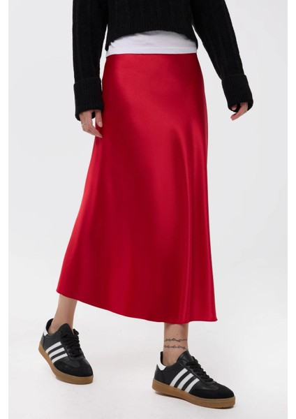 Kadın Yüksek Bel Saten Midi Etek Red
