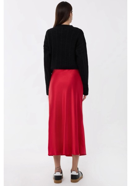 Kadın Yüksek Bel Saten Midi Etek Red