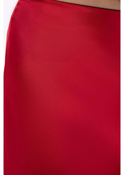Kadın Yüksek Bel Saten Midi Etek Red