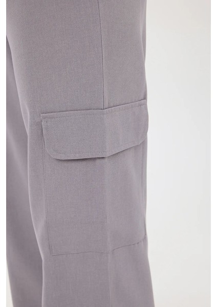 Kadın Elastik Bel Detaylı Yüksek Bel Düz Bacak Pantolon Grey