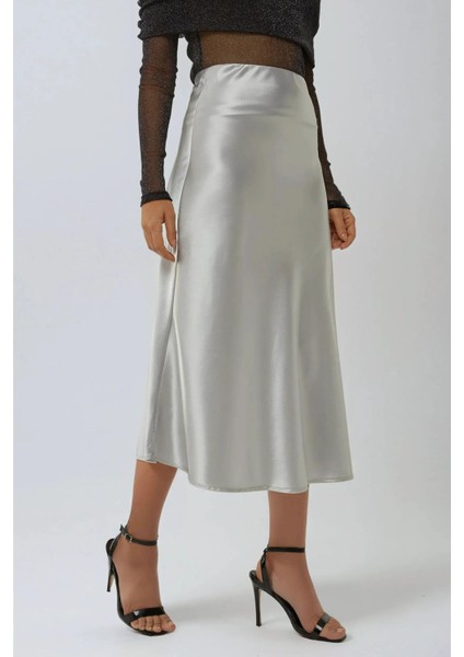 Kadın Yüksek Bel Saten Midi Etek Grey