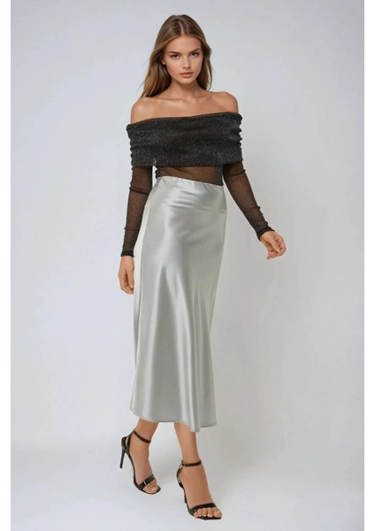 Kadın Yüksek Bel Saten Midi Etek Grey