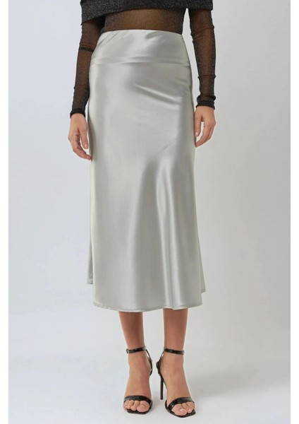 Kadın Yüksek Bel Saten Midi Etek Grey