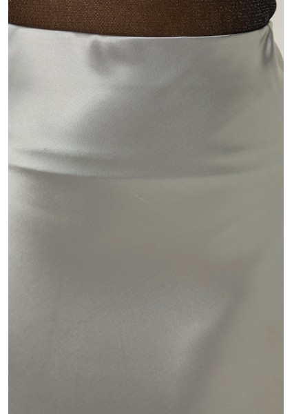 Kadın Yüksek Bel Saten Midi Etek Grey