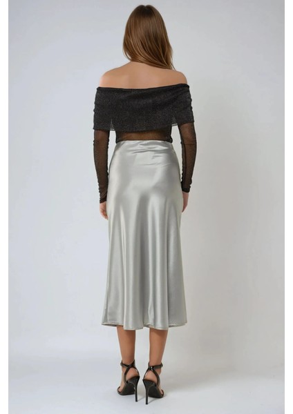 Kadın Yüksek Bel Saten Midi Etek Grey