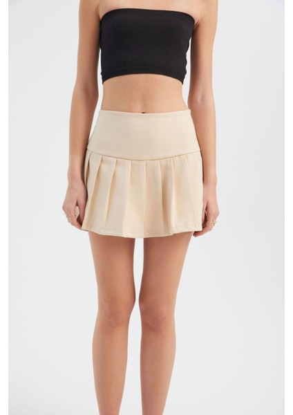 Kadın Yüksek Bel Pileli Mini Etek Natural