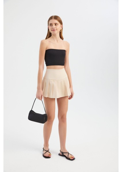 Kadın Yüksek Bel Pileli Mini Etek Natural