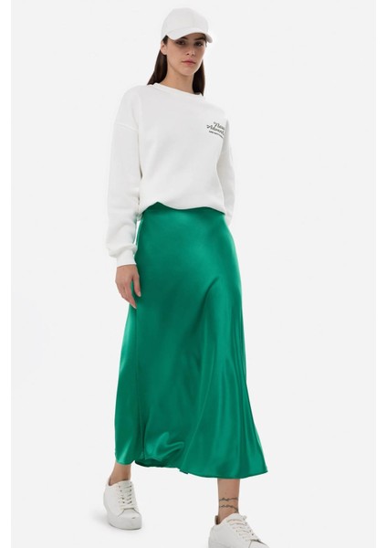 Kadın Yüksek Bel Saten Midi Etek Green