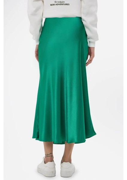Kadın Yüksek Bel Saten Midi Etek Green