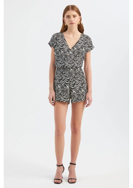 Kadın Zebra Desenli V Yaka Playsuit Siyah