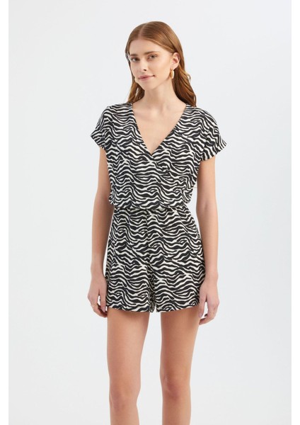 Kadın Zebra Desenli V Yaka Playsuit Siyah