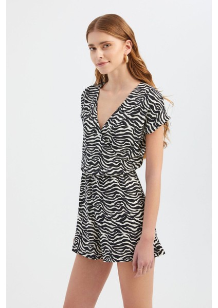 Kadın Zebra Desenli V Yaka Playsuit Siyah