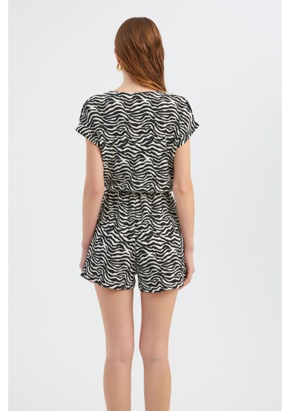 Kadın Zebra Desenli V Yaka Playsuit Siyah
