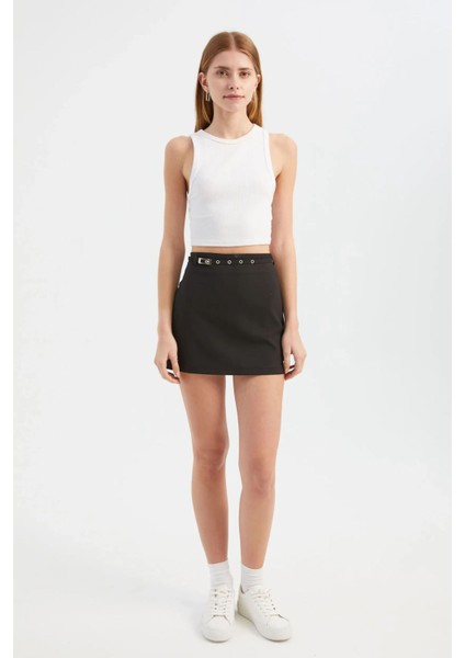 Kadın Kemer Detaylı Yüksek Bel Mini Etek Black