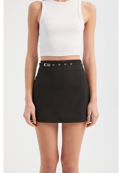 Kadın Kemer Detaylı Yüksek Bel Mini Etek Black