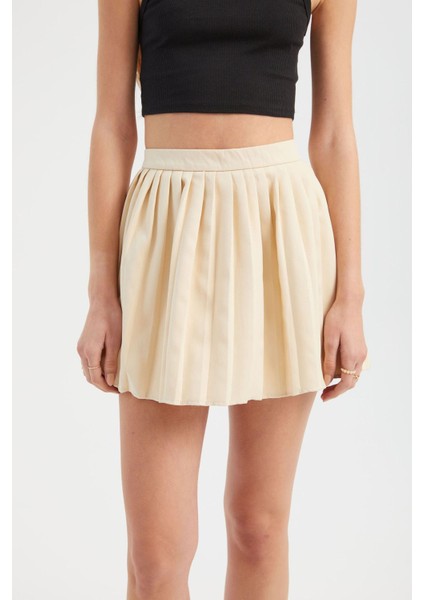 Kadın Yüksek Bel Büzgülü Mini Etek Natural