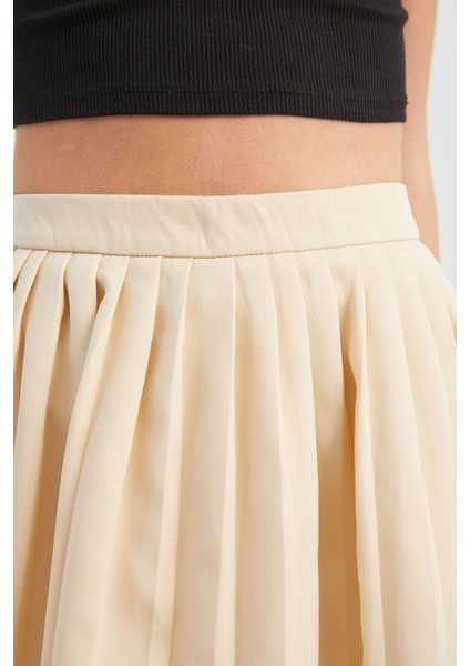 Kadın Yüksek Bel Büzgülü Mini Etek Natural