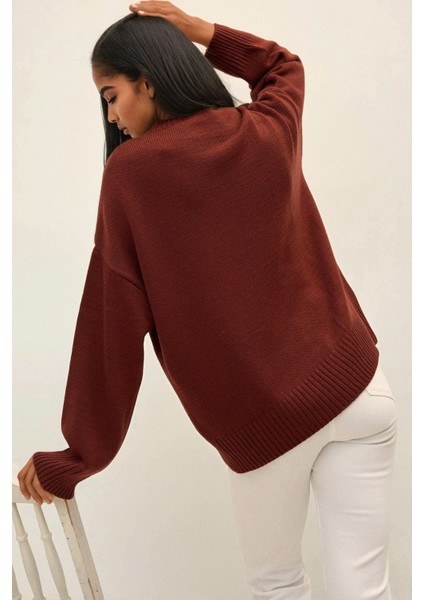 Kadın Bisiklet Yaka Relax Fit Yumuşak Triko Kazak Red